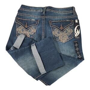 Nine West Blue Denim Capri Jeans Bling Flap Pockets Heavy Stitching NEW 4 27